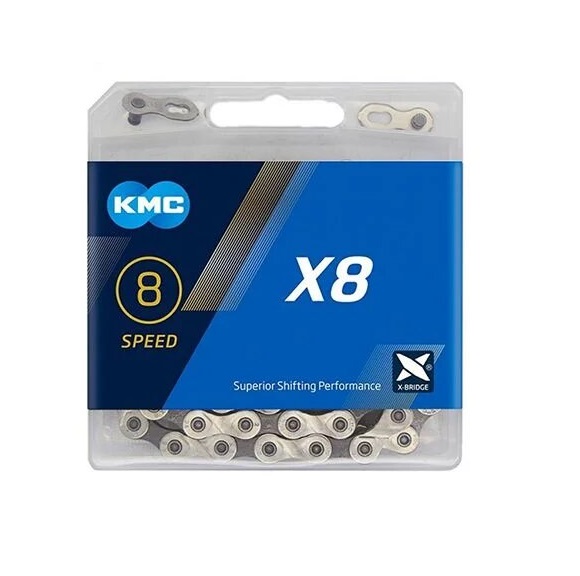 Цепь велосипедная KMC X8 (116 зв., 8 ск., серебристый/серый)